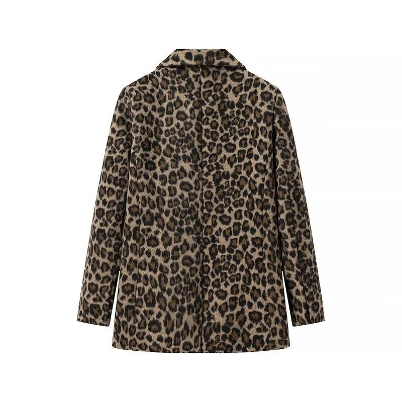 Women's Leopard Print Boucle Blazer with Notched Collar and Flap Pockets Chichicherry