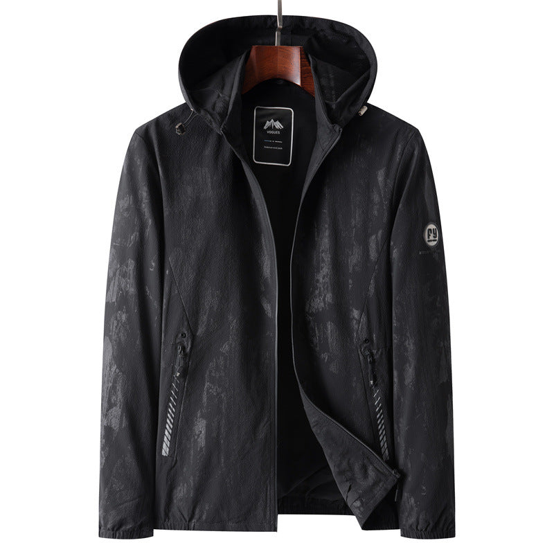 Men's Lightweight Water-Repellent Hooded Jacket with Subtle Camouflage Pattern and Zipper Pockets Chichicherry