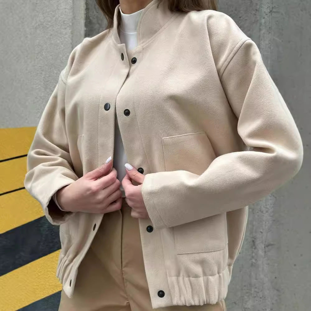 Damen Kurz geschnittene Bomberjacke aus Wollmix mit Druckknopfverschluss und elastischem Saum Chichicherry