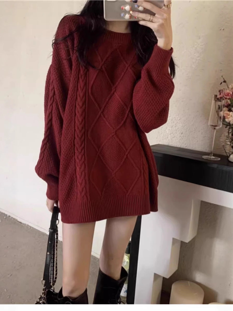 Women Oversize Cable Knit Long Sweater with Round Neck and Balloon Sleeves Chichicherry