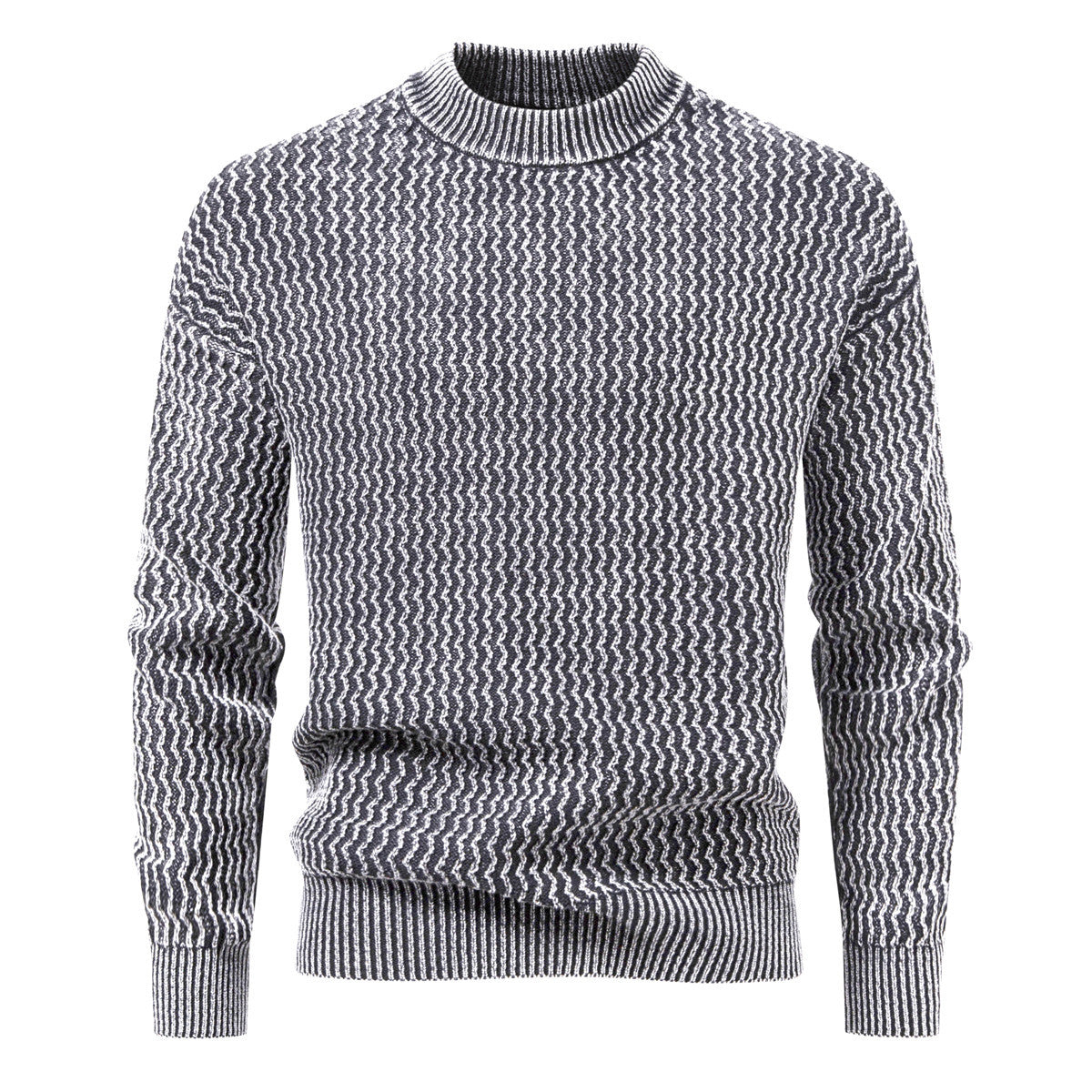 Men's Structured Fine Knit Sweater with Stand-Up Collar and Zigzag Pattern Chichicherry
