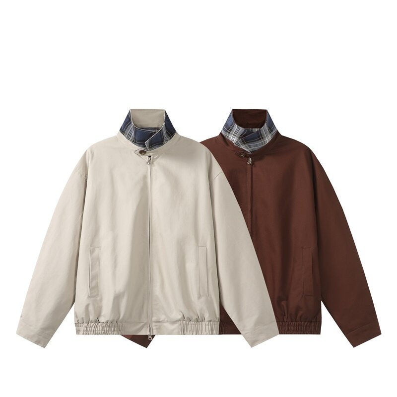 Unisex Short-Cut Boxy Blouson Jacket with Checked Stand Collar, Elastic Hem, and Two-Way Zipper Chichicherry