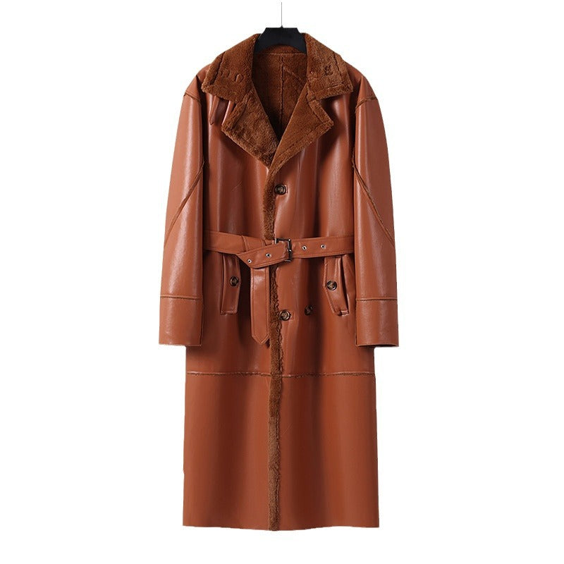 Men's Maxi Long Faux Leather Coat with Teddy Lining and Waist Belt Chichicherry