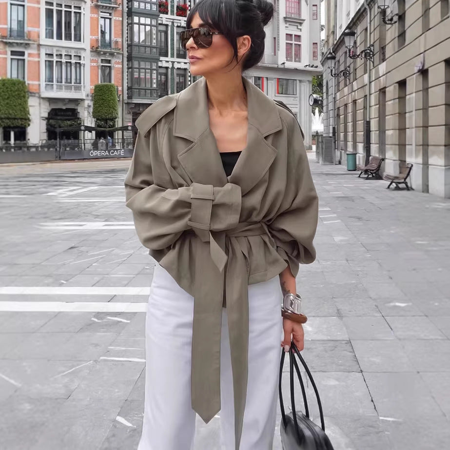 Women Tailored Wrap Coat with Extra Long Tie Belt Chichicherry