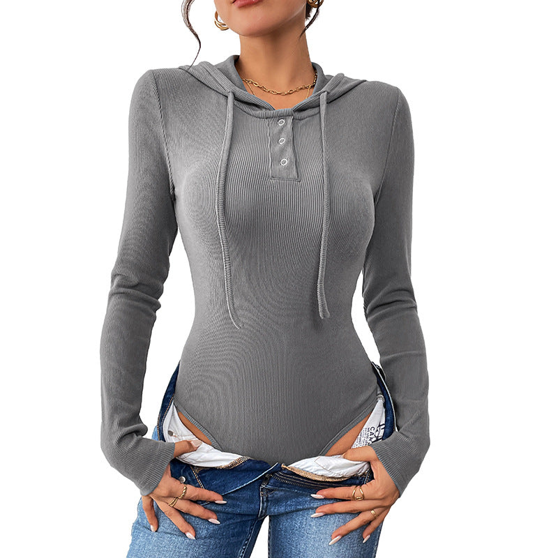 Women’s hooded bodysuit made of ribbed knit with Henley button placket and tailored silhouette Chichicherry
