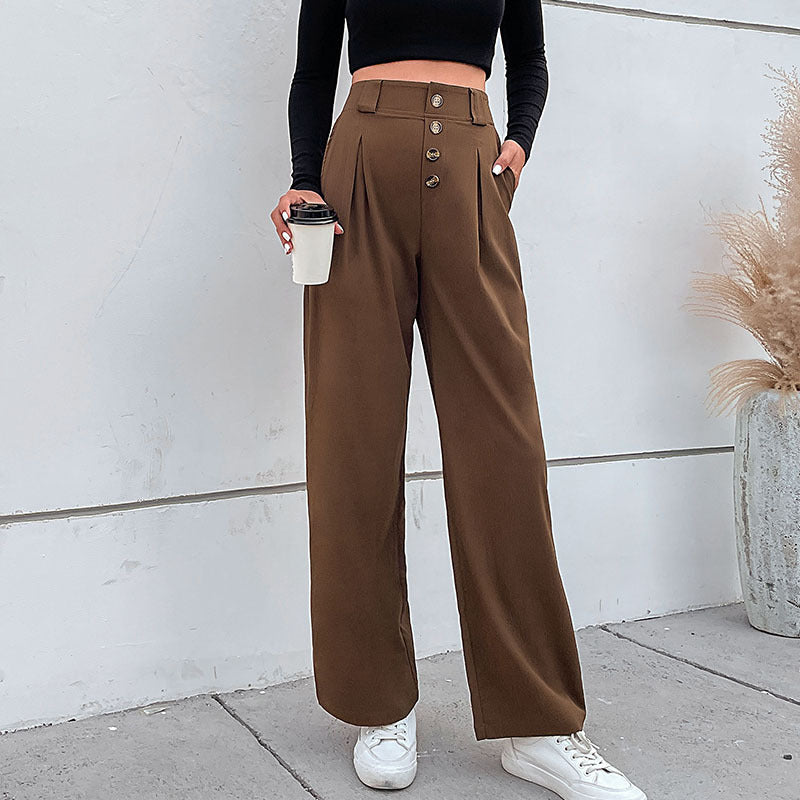 Women's High-Waisted Wide Fabric Pants with Decorative Button Placket and Pleats