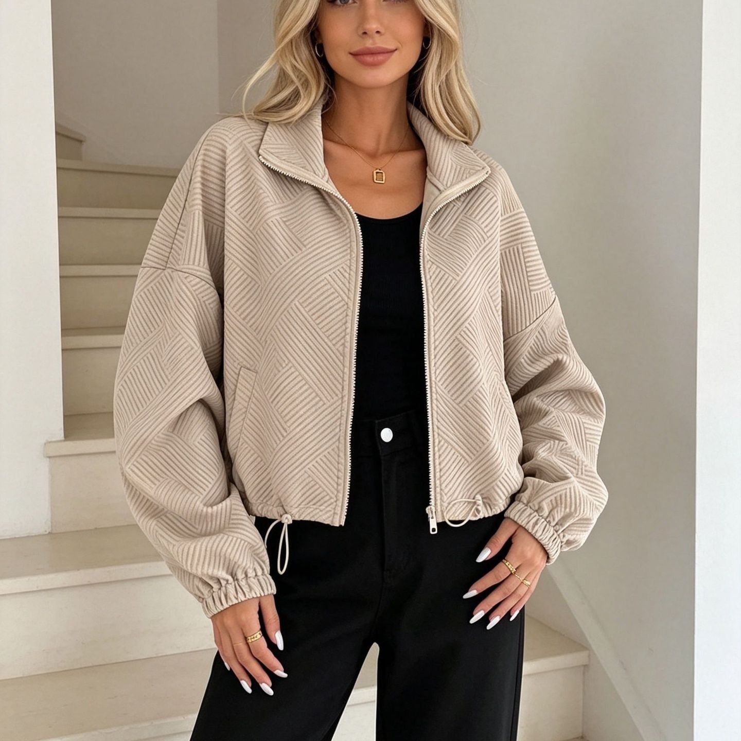 Women's Quilted Bomber Jacket with Geometric Structure, Stand-up Collar and Drawstring Hood