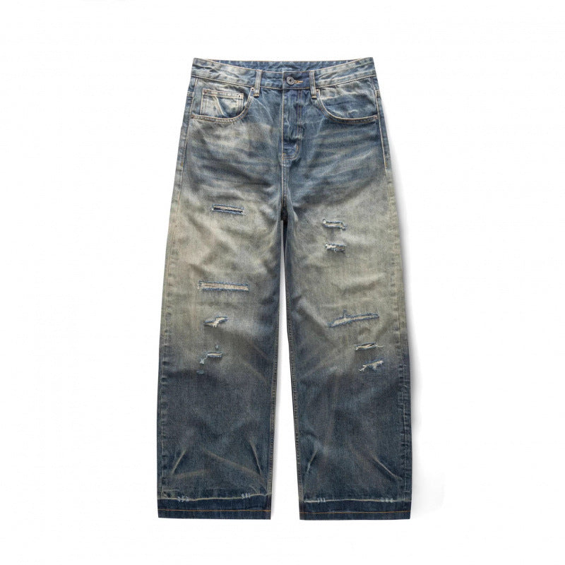 Men's Wide Vintage Denim Jeans with Used Wash and Distressed Details Chichicherry