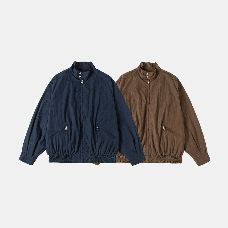 Men's Lightweight Harrington Jacket with Stand-up Collar, Elastic Hem, and Slanted Zipper Pockets Chichicherry