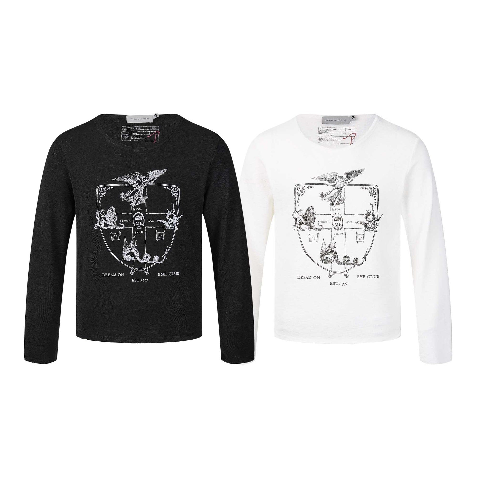 Unisex Long Sleeve Fine Knit Shirt with Crest Print Chichicherry