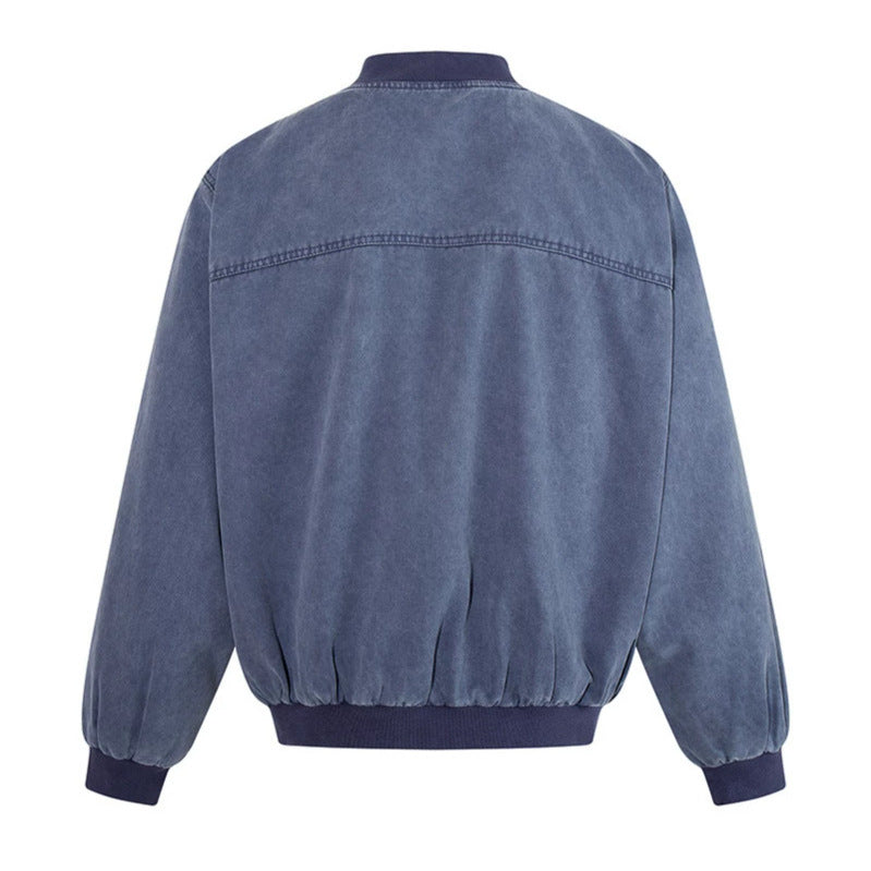 Men's Oversize Bomber Jacket in Vintage Wash with Stand Collar and Utility Pockets Chichicherry