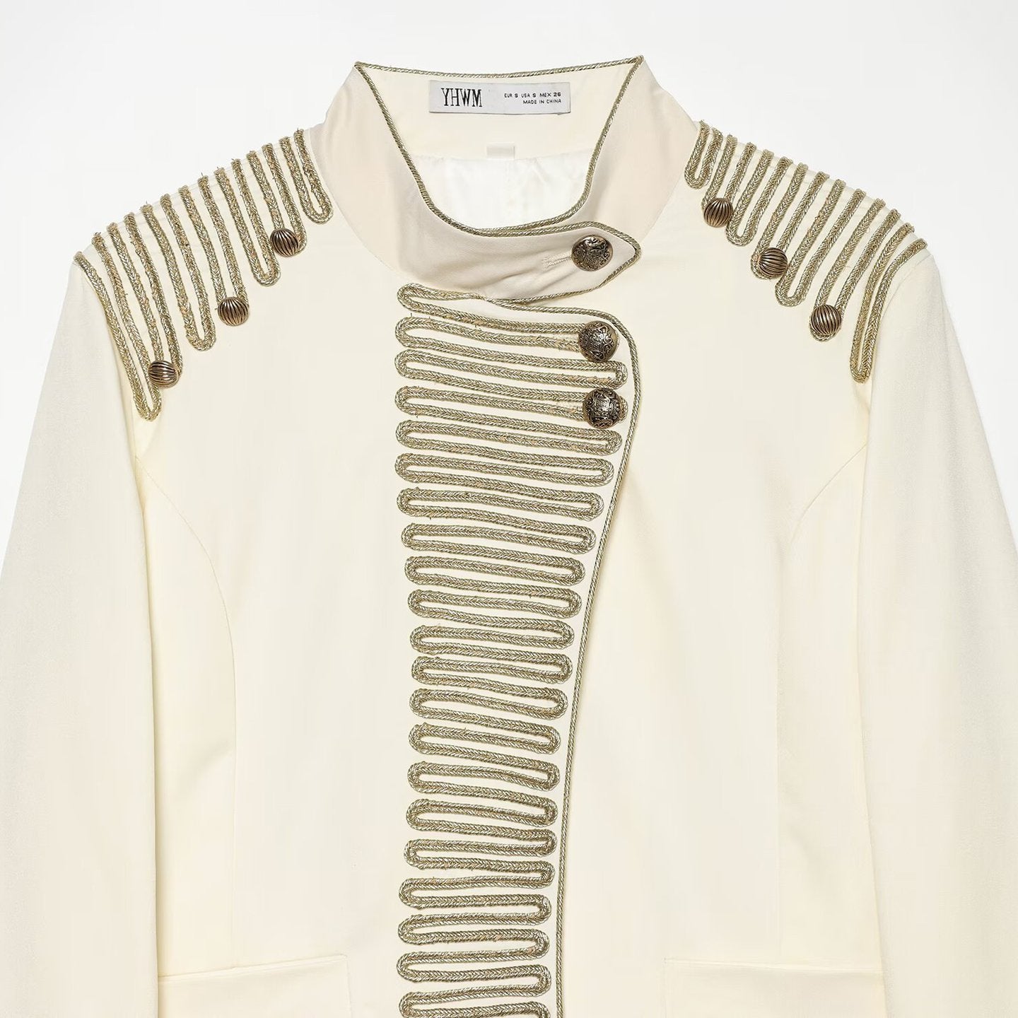 Women's Military Style Short Blazer with Decorative Trim and Stand-Up Collar Chichicherry