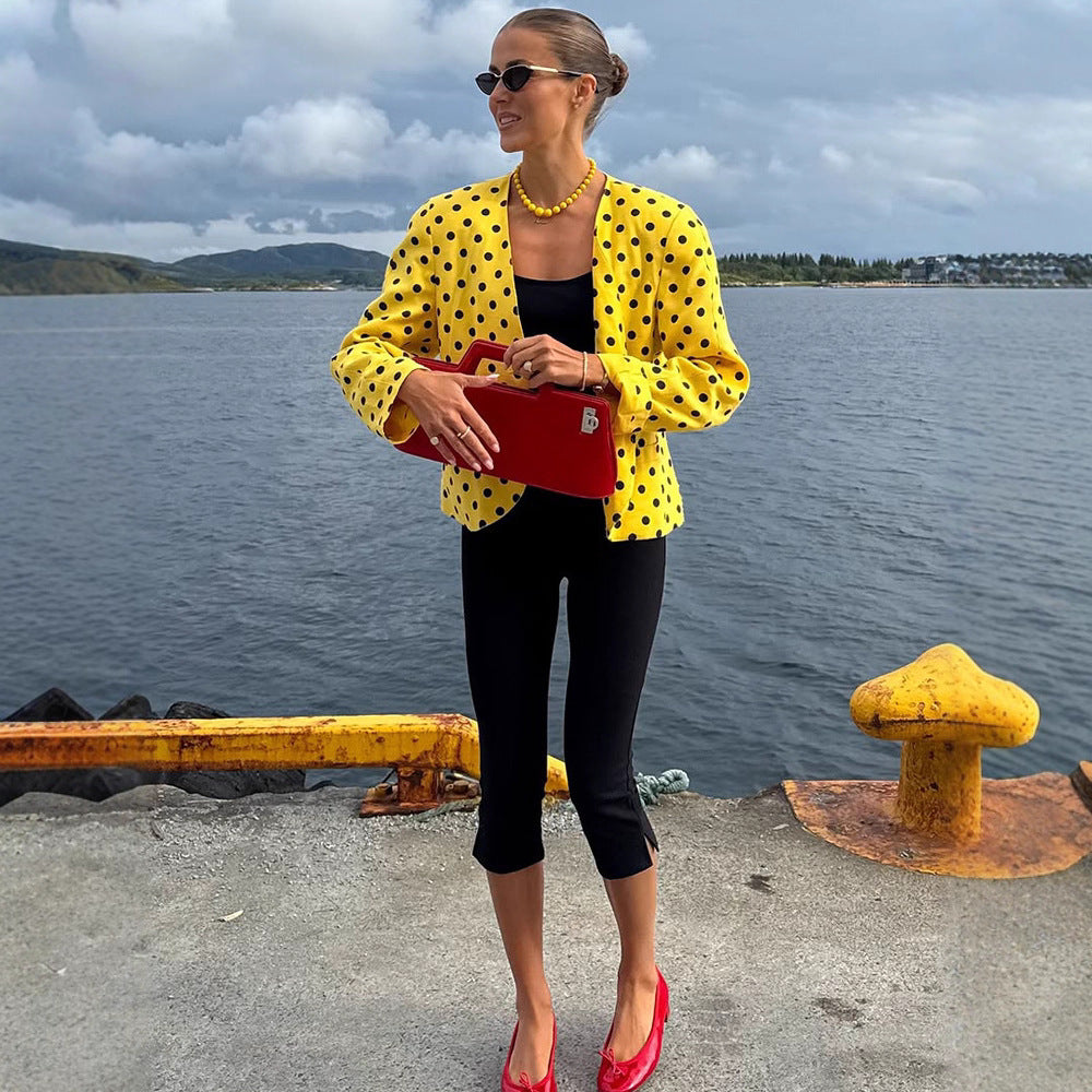 Women’s short blazer in vintage dot pattern, boxy cut & lightweight linen mix Chichicherry
