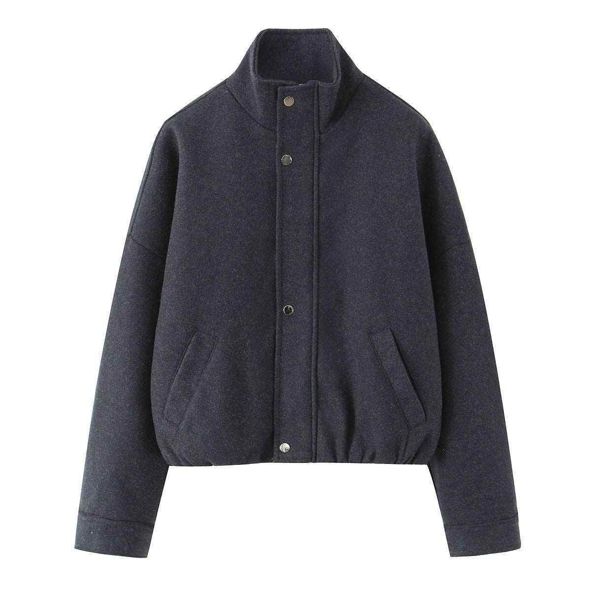 Women's short-cut wool blouson jacket with stand-up collar, snap button placket, and elastic hem Chichicherry
