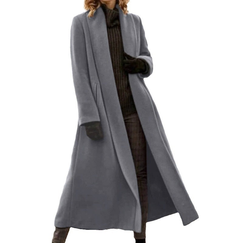Women elegant long wool blend coat with open fall and side pockets Chichicherry