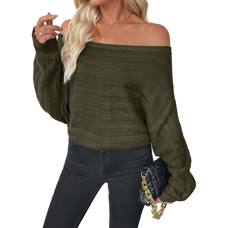 Women's Off-Shoulder Chunky Knit Sweater with Balloon Sleeves Chichicherry