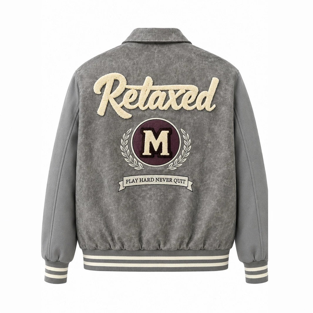 Men's Varsity Bomber Jacket in Vintage Leather Look with Chenille Emblem Chichicherry