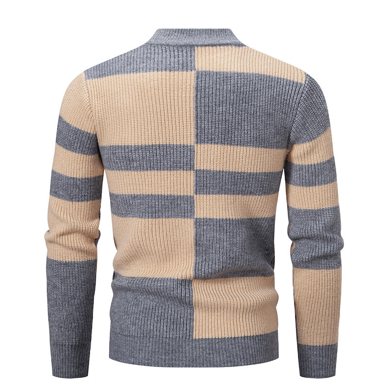 Men's Structured Mockneck Knit Sweater with Asymmetrical Block Pattern Chichicherry