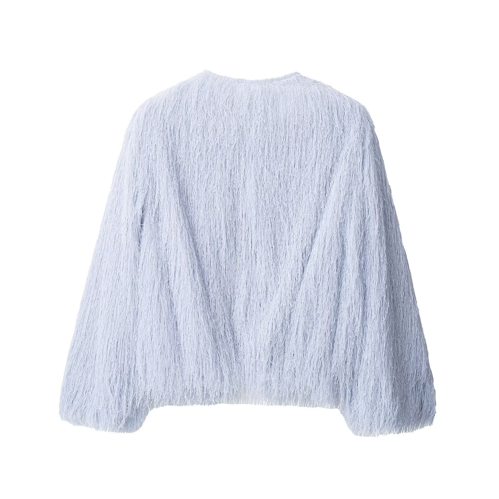 Women's Fluffy Fringe Jacket with Round Neckline and Boxy Cut Chichicherry