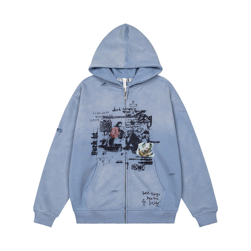 Unisex Oversize Hoodie with Zipper, Used Effect, Vintage Print and Kangaroo Pockets Chichicherry