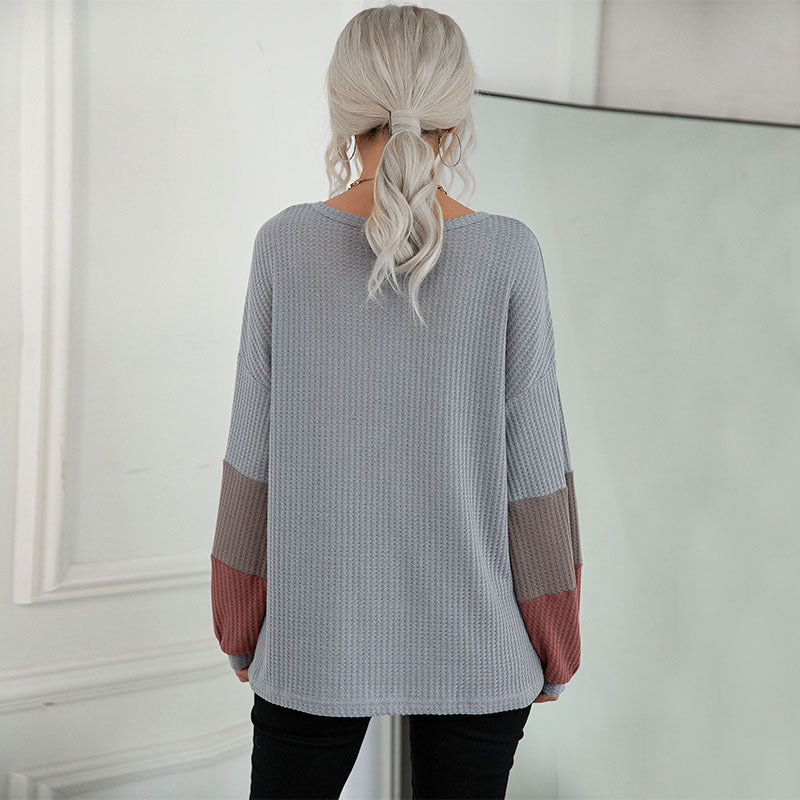 Women's Loose Waffle Knit Shirt with V-Neck and Colorblock Sleeves Chichicherry