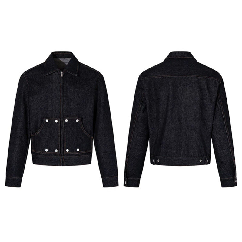 Women's Short Cut Denim Worker Jacket with Zip, Contrast Seams and Decorative Eyelets Chichicherry