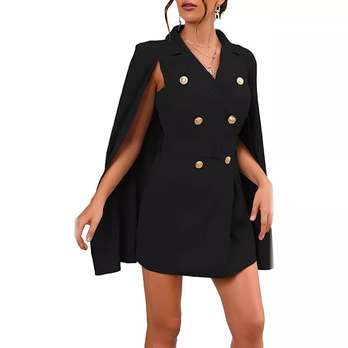 Women's short blazer dress with cape sleeves and double-breasted decorative button placket Chichicherry