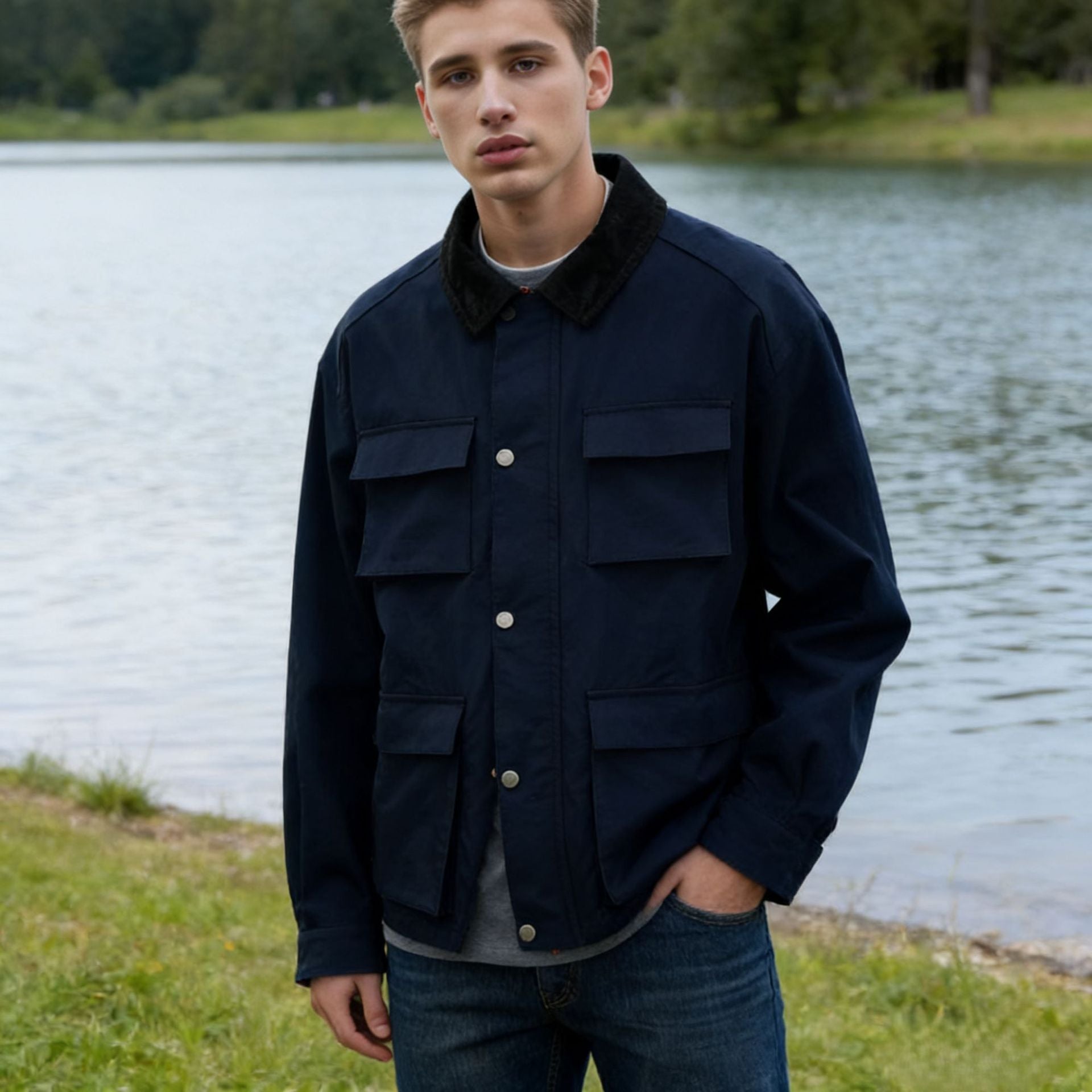 Herren Wachsjacke im Field-Stil mit Cordkragen und Mehrfachtaschen Chichicherry