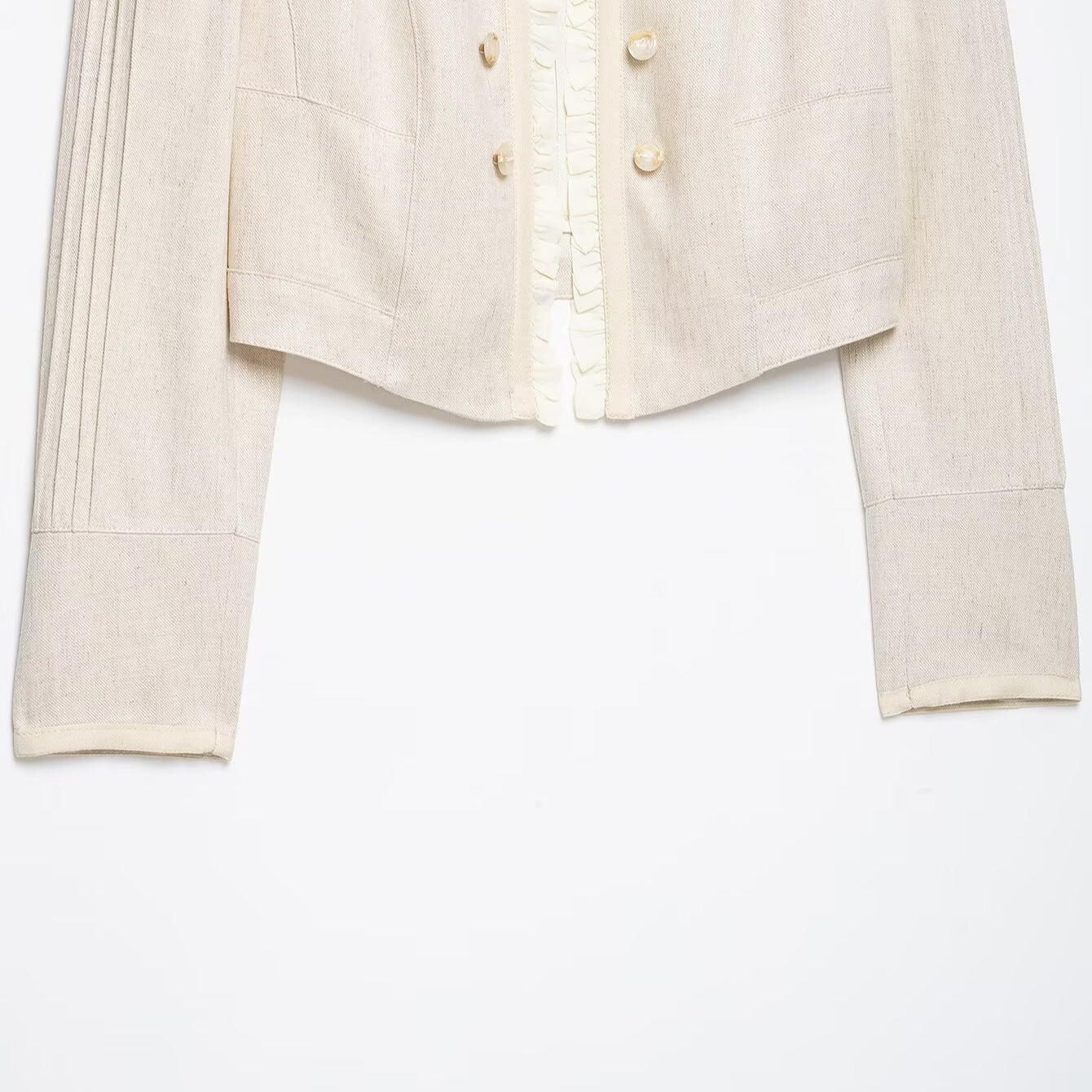 Women Cropped Jacket with Stand Collar, Pleated Sleeves and Ruffle Trim Chichicherry