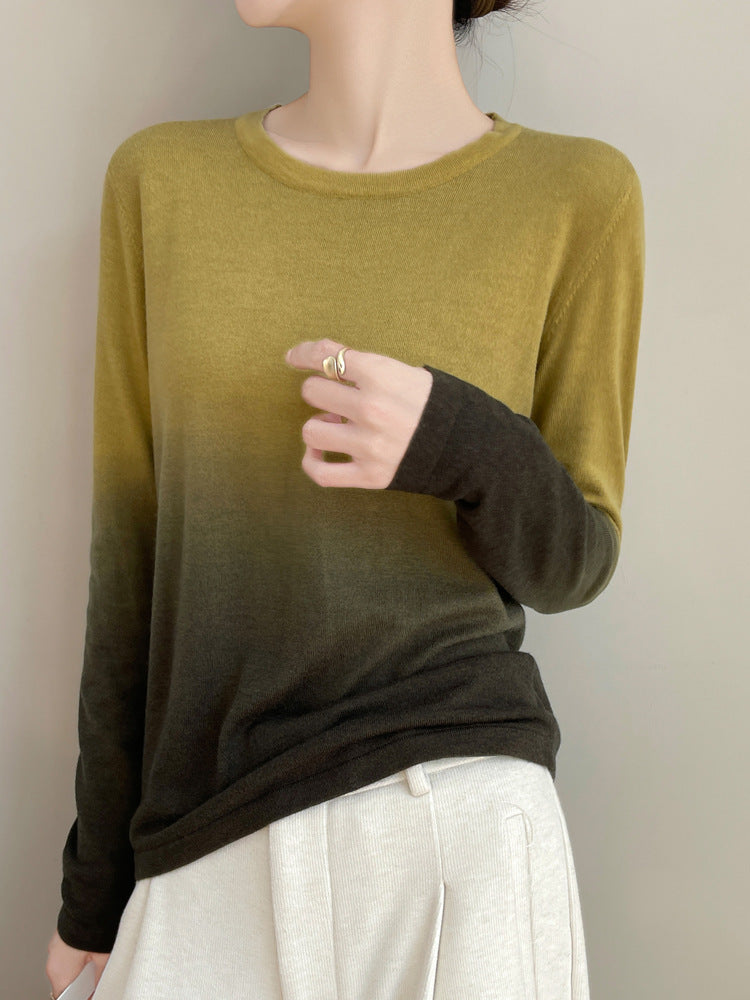 Ladies Light Gradient Fine Knit Sweater with Round Neck and Loose Fit Chichicherry