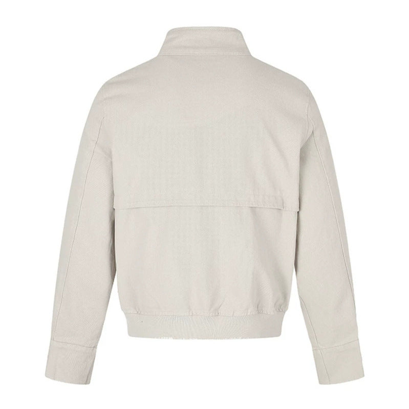 Women's short fitted bomber jacket with stand-up collar, decorative buckles, and flap pockets Chichicherry