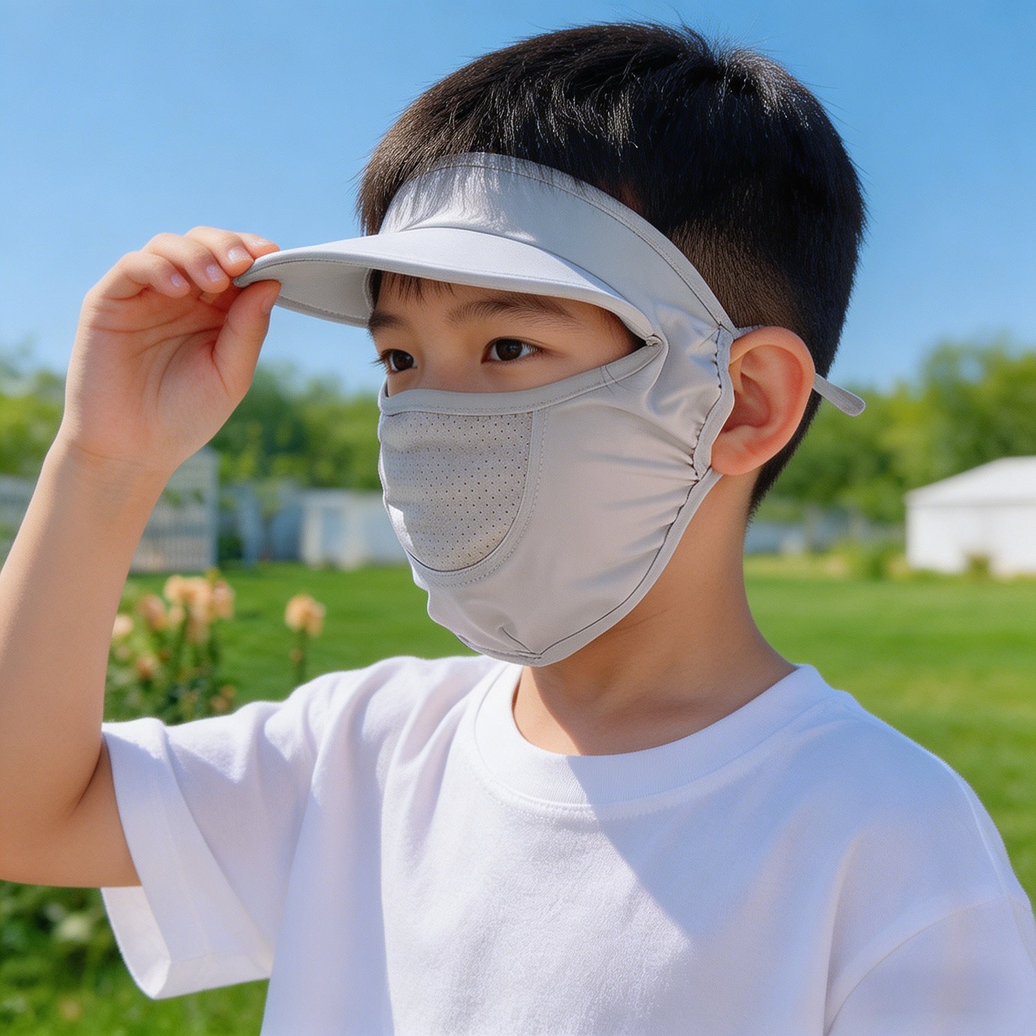 Unisex nan children's sun visor with integrated breathable face mask, adjustable neck strap, and perforated chin area Chichicherry