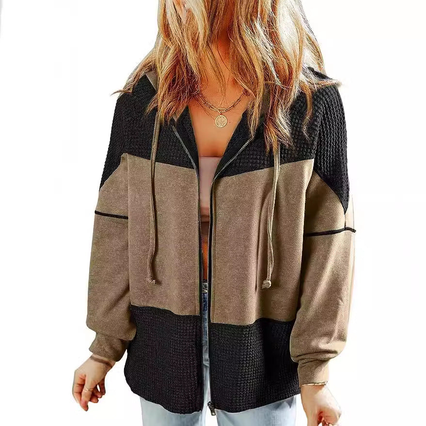 Damen Lässige Oversize-Kapuzenjacke mit Strukturstrick-Einsätzen und Reißverschluss Chichicherry
