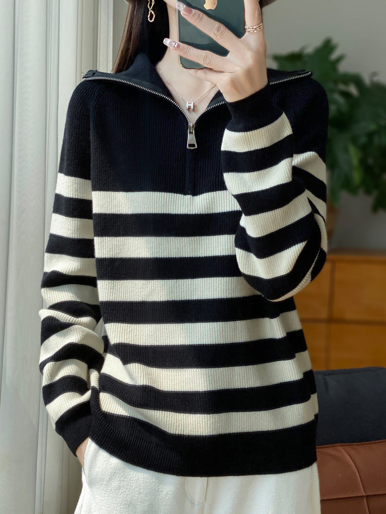 Women Maritime Troyer Pullover made of fine rib knit with wide horizontal stripes Chichicherry