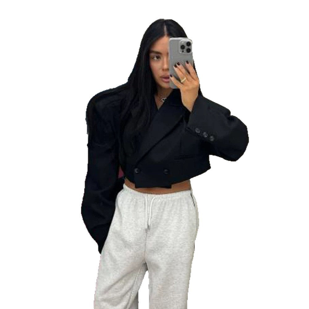 Women Cropped Boxy Short Blazer with Boxy Silhouette and Extra Long Sleeves Chichicherry