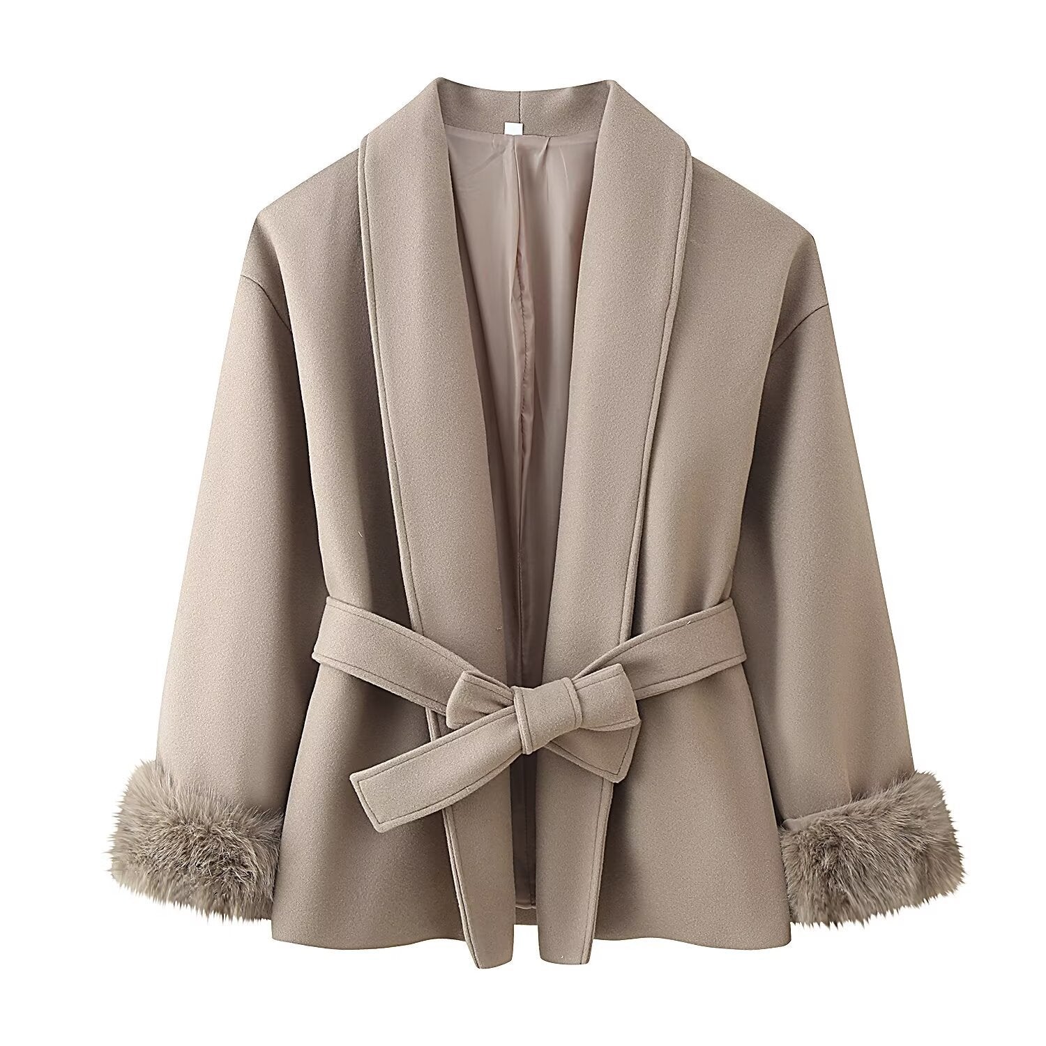 Women's wrap belt coat with shawl collar and faux fur cuffs Chichicherry