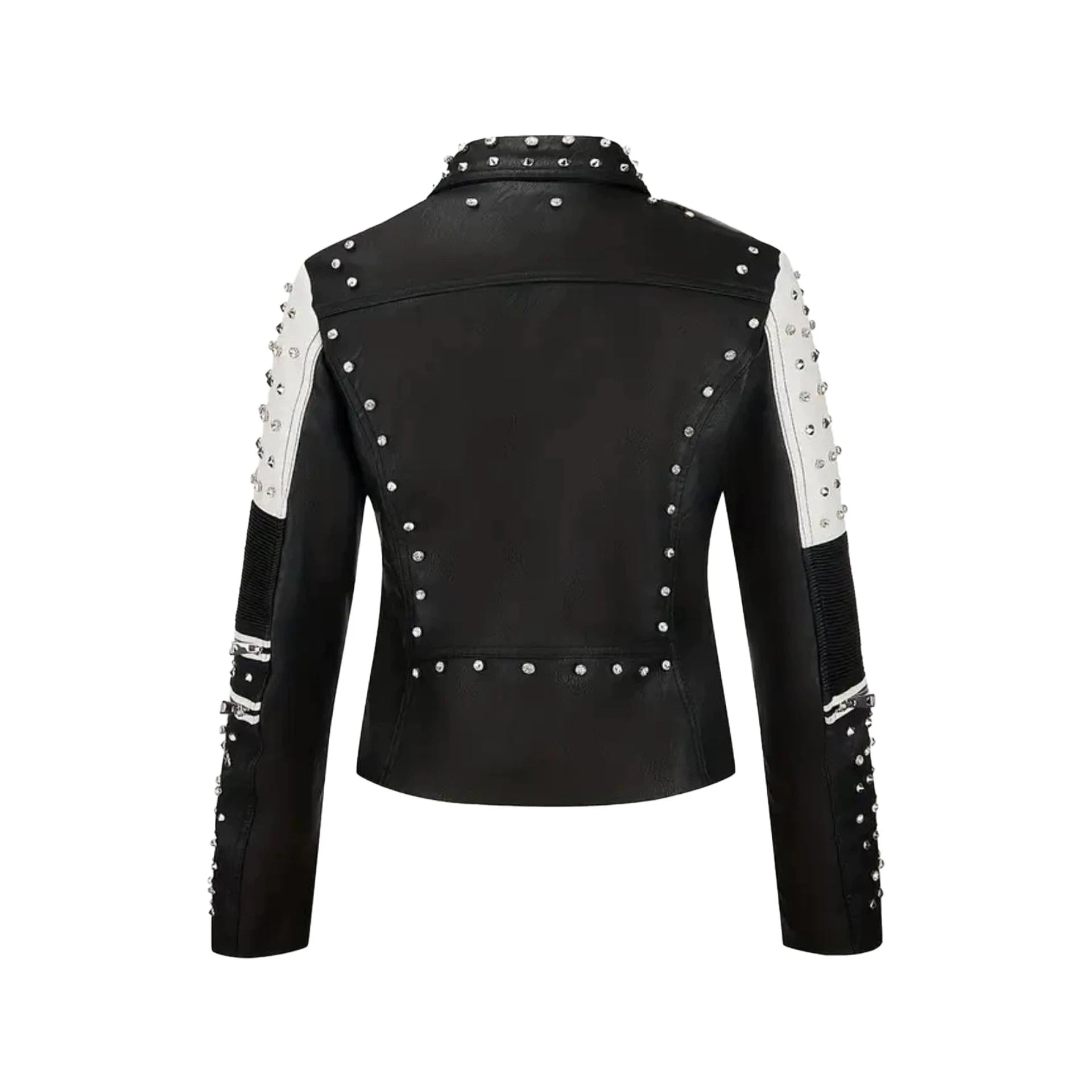 Women Studded Contrasting Biker Jacket with Waist Belt Chichicherry
