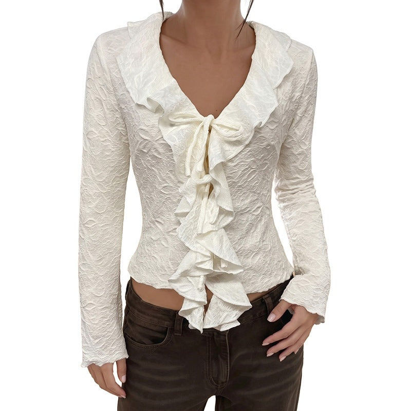 Women's ruffle blouse made of structured jersey with V-neck and tie bow Chichicherry