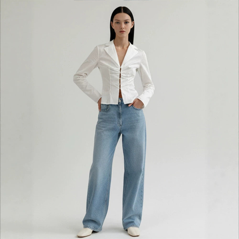 Women's Tailored Poplin Shirt Blouse with Corset Seams & Hook Front Chichicherry
