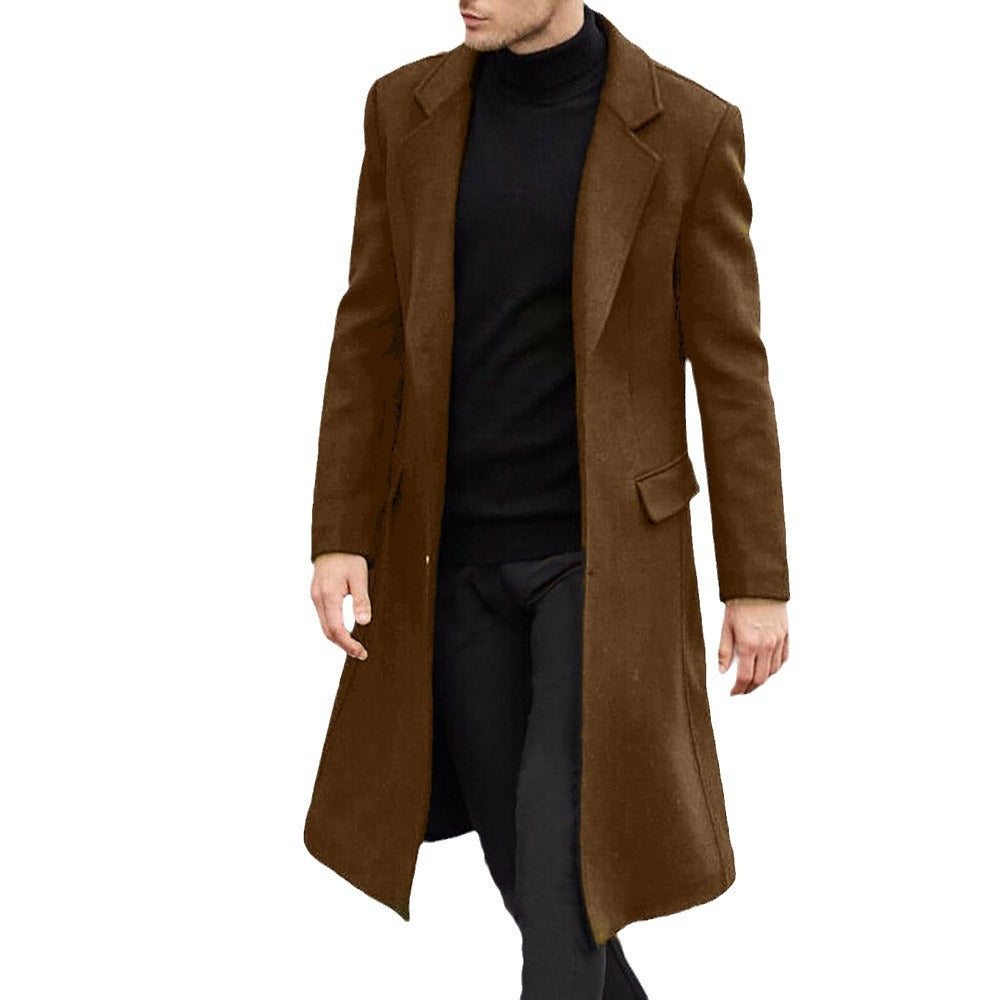 Men's Elegant Longline Coat Made of Wool Blend with Slim Silhouette and Notched Lapel Chichicherry
