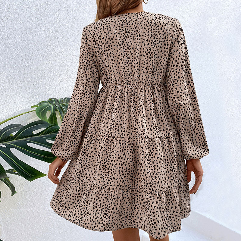 Women's Airy Tiered Chiffon Dress with V-Neck, Smock Waist and Subtle Animal Print Chichicherry