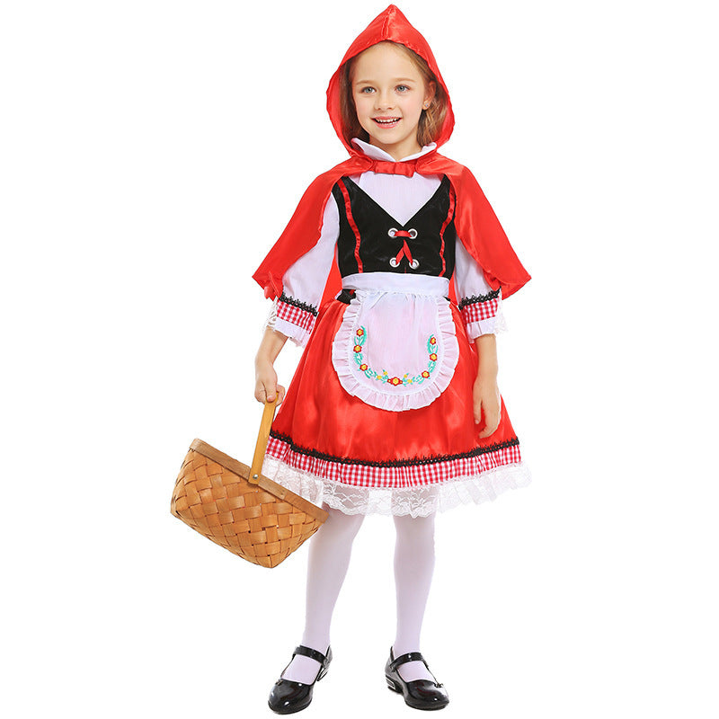 Girls Fairytale Little Red Riding Hood Costume with Cape and Embroidered Apron Chichicherry