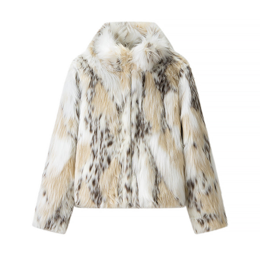Women's short faux fur jacket in patchwork look with high stand-up collar Chichicherry