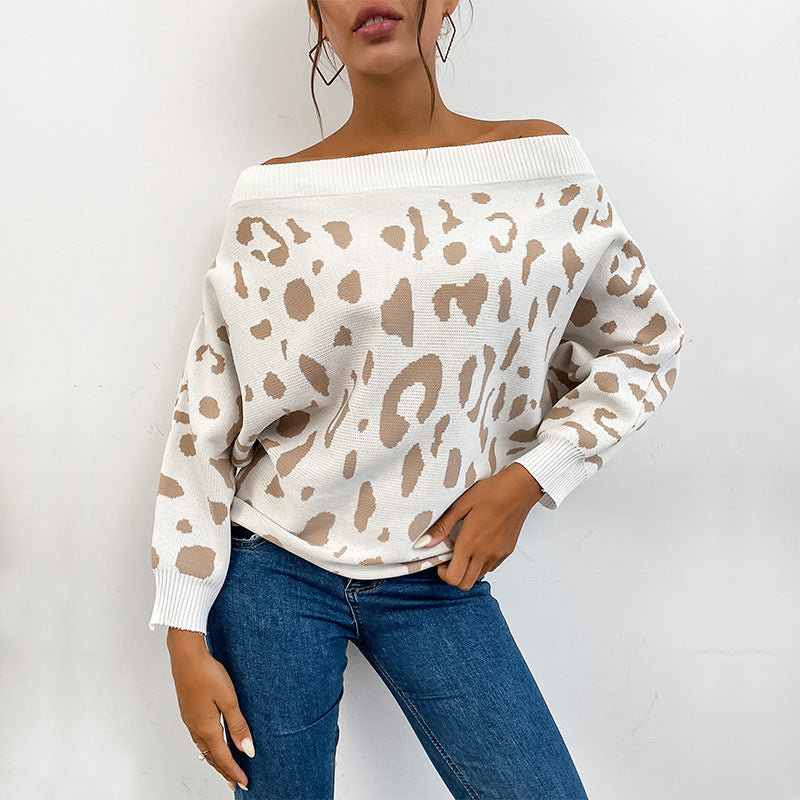Women's Oversized Off-Shoulder Fine Knit Sweater with Animal Jacquard and Wide Folded Collar Chichicherry