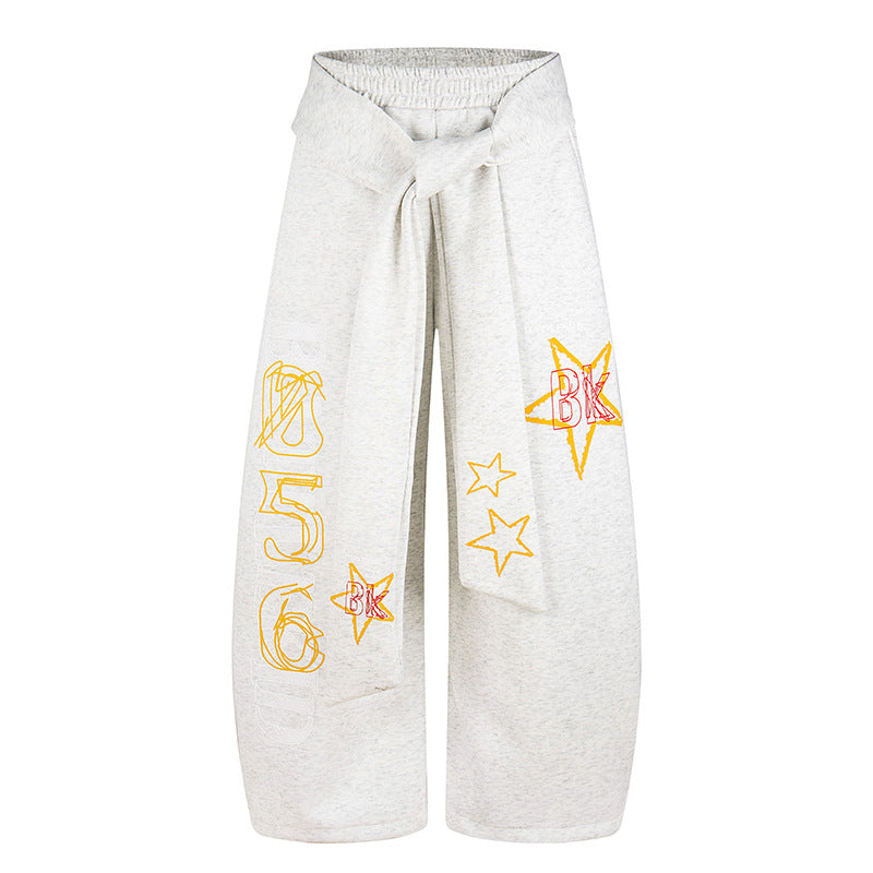 Ladies Wide Palazzo Culotte Pants with Integrated Tie Belt and Star Graphic Chichicherry