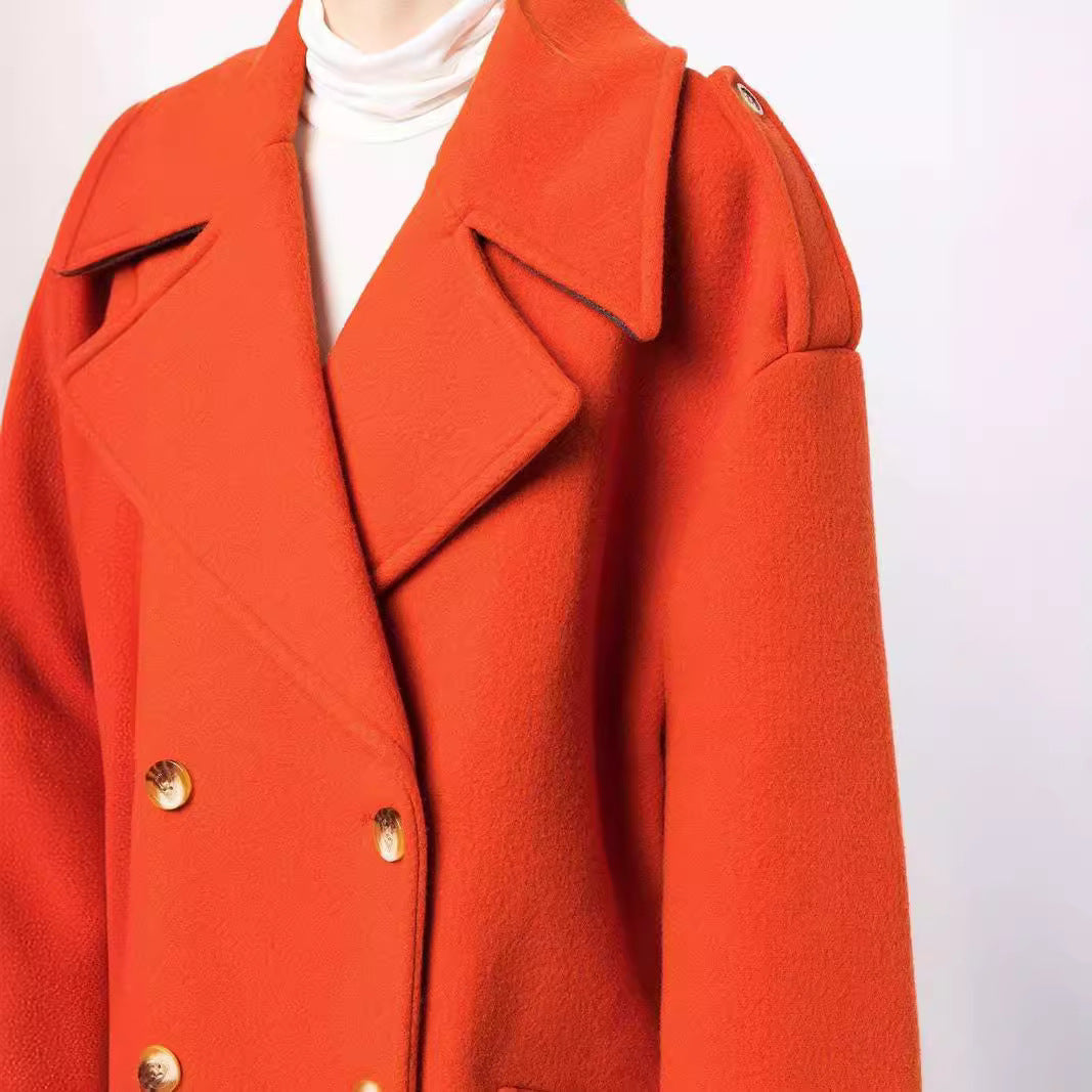 Women's Oversized Double-Breasted Short Coat made of Wool Blend with Extra Wide Sleeves and Golden Decorative Buttons Chichicherry