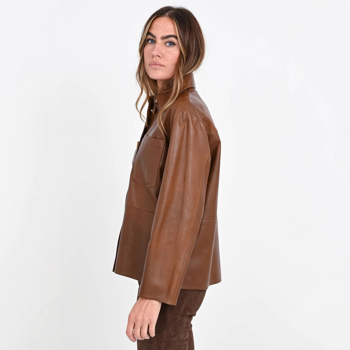 Women's Overshirt Jacket in Leather Look with Attached Breast Pocket and Concealed Button Placket Chichicherry