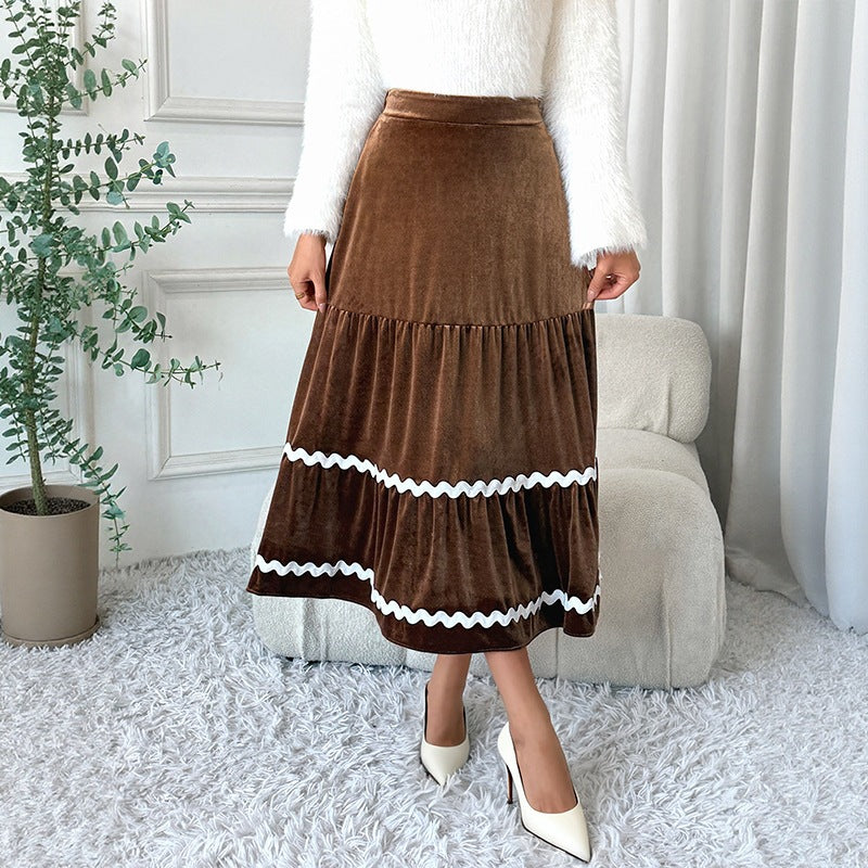 Women's Tailored Velvet Midi Skirt with Tiered Ruffles and Trimming Chichicherry
