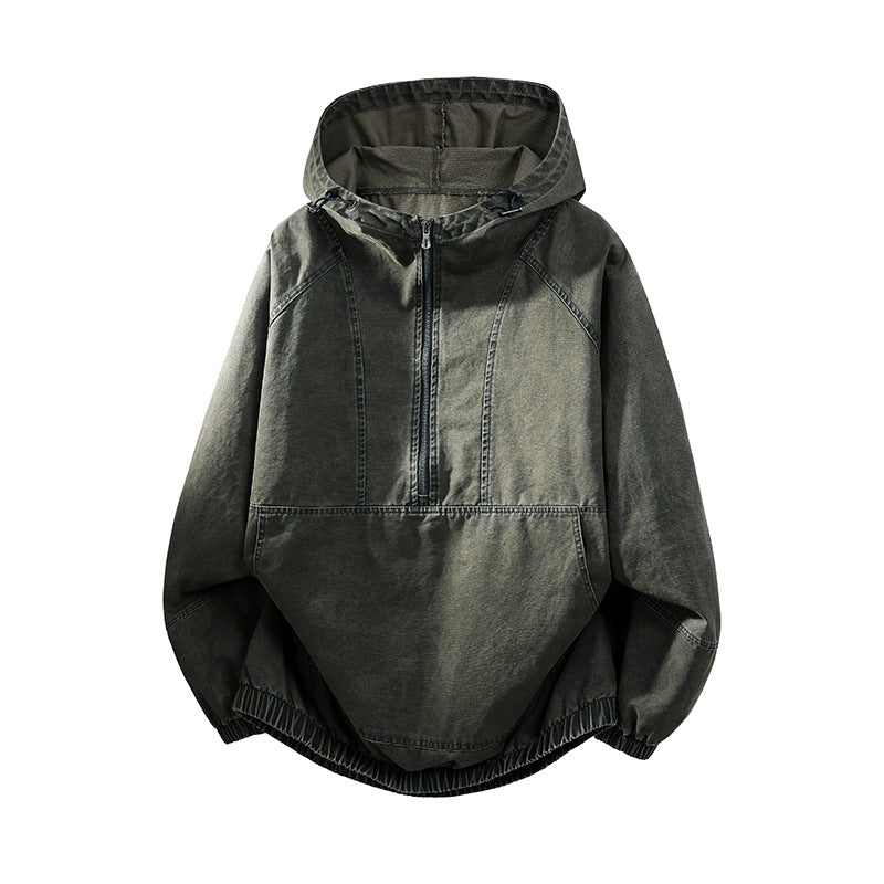 Men's Oversize Canvas Half-Zip Hoodie Anorak with Kangaroo Pocket and Elastic Hem Chichicherry