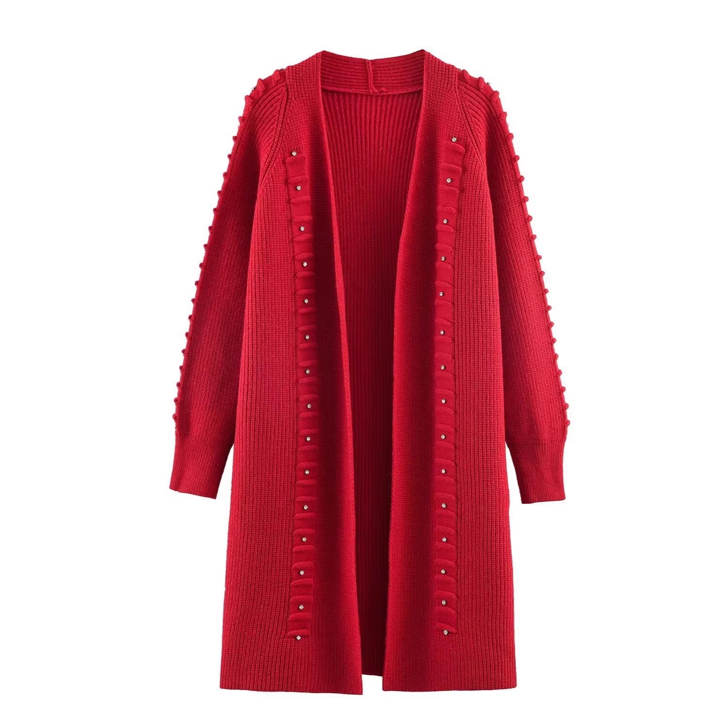 Women Longline Knit Cardigan with Pearl Trim and Ribbed Cuffs Chichicherry
